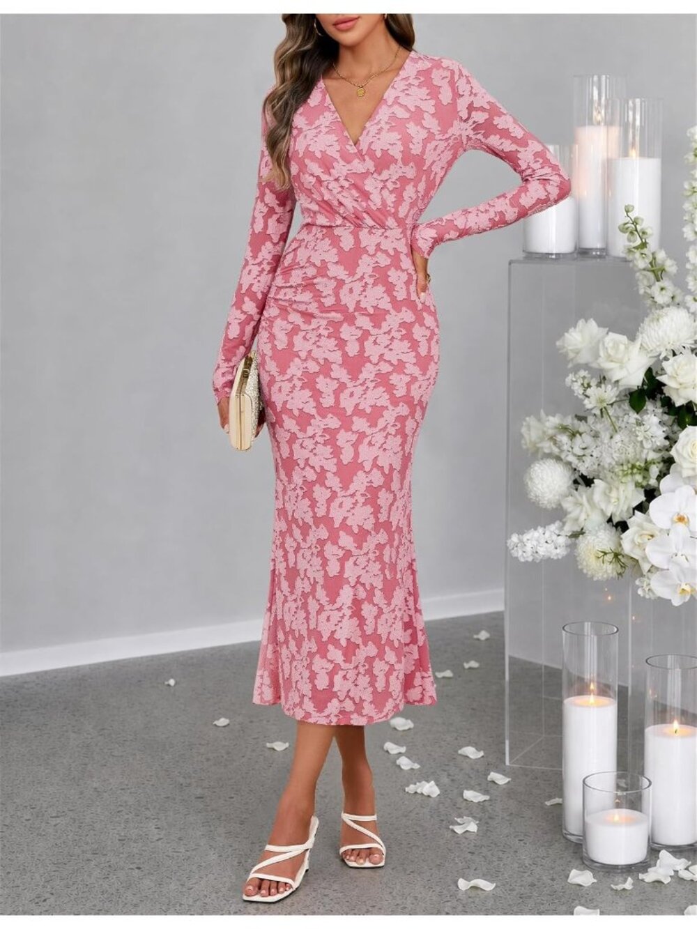 〽️Pink Floral Maxi Dress Long Sleeve Wrap V Neck Ruched Waist Ruffle Hem - Picture 6 of 6
